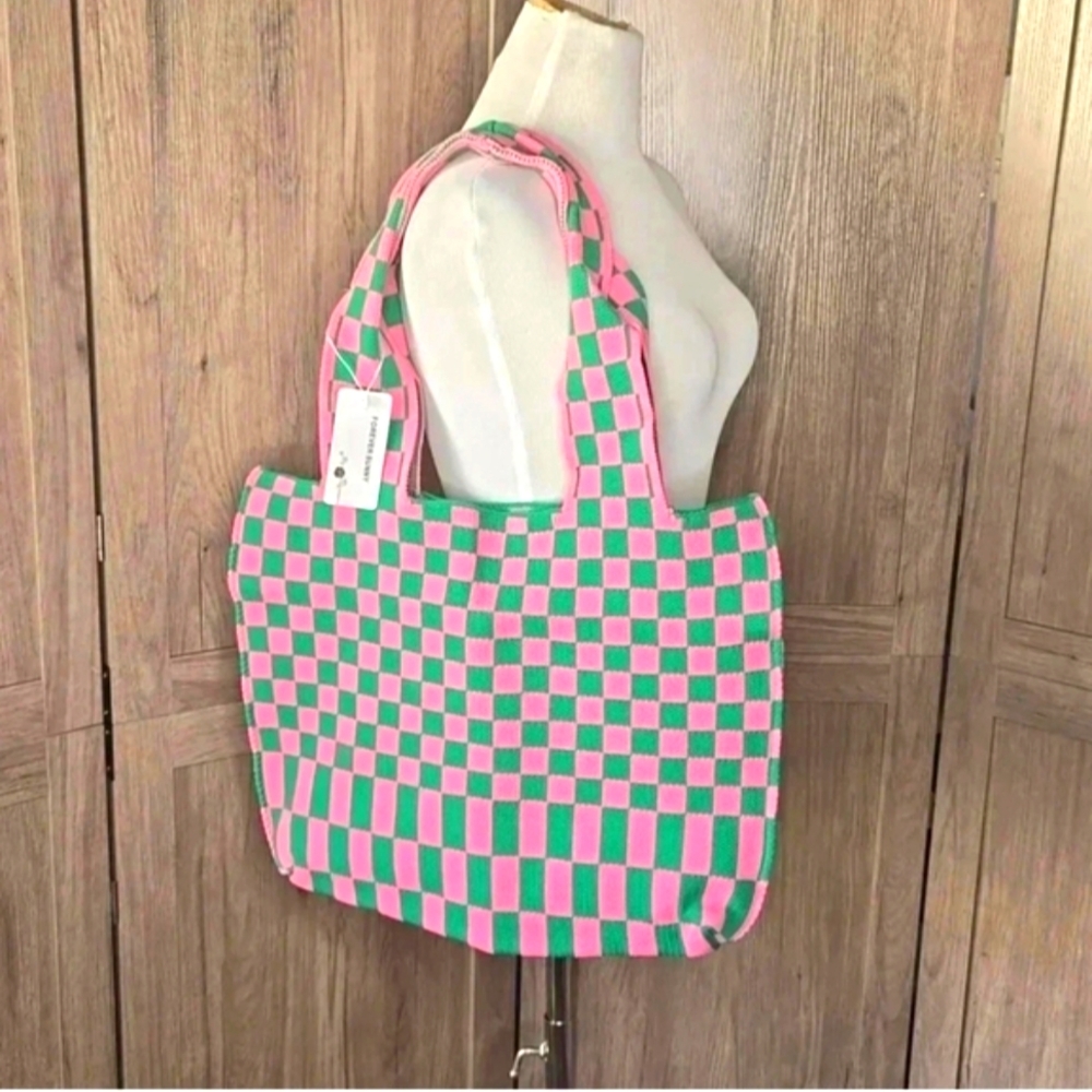 Pink and Green Checkered Knit Tote Bag New